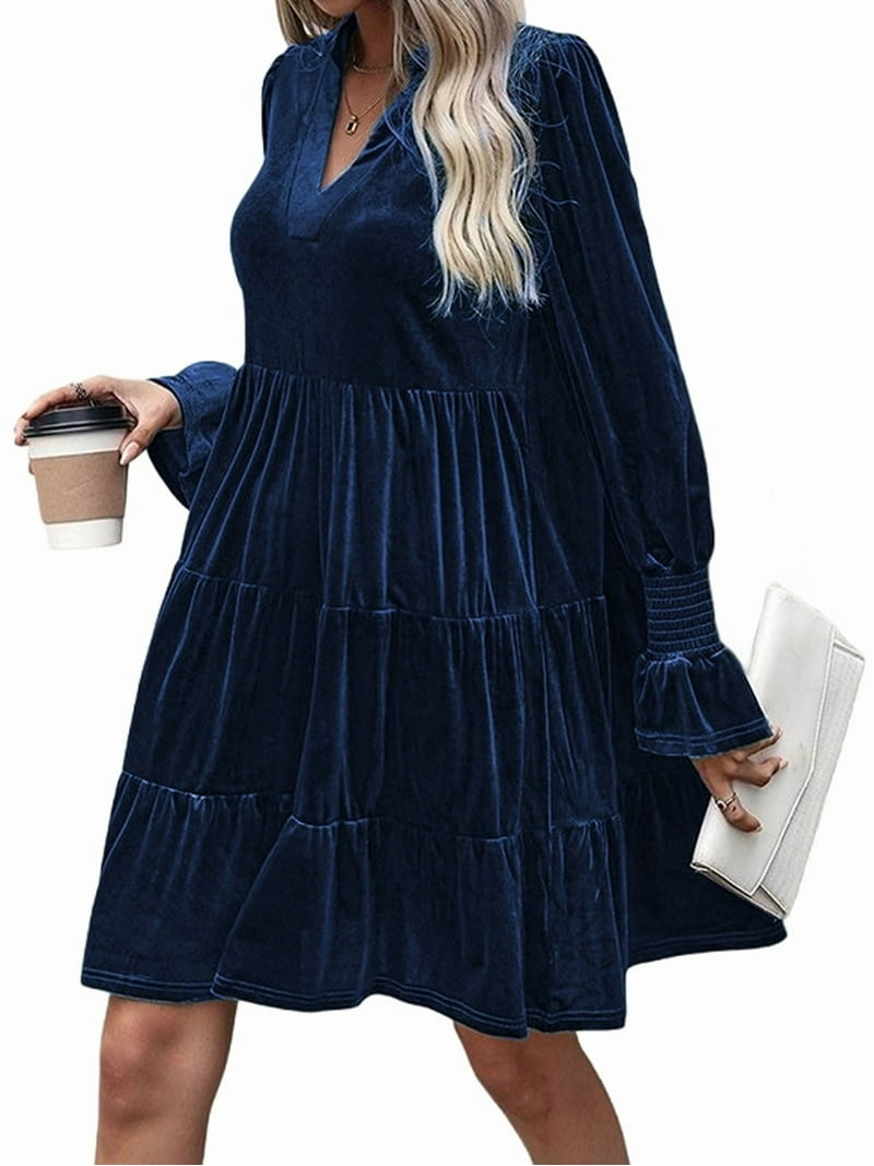 navy blue flowy cocktail dress Women'S Elegant Velvet Long Sleeve Dress Casual Fall V Neck A Line Babydoll Flowy  Formal Wedding Party Mini Dress Navy Blue S