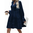thumbnail image 2 of Women'S Elegant Velvet Long Sleeve Dress Casual Fall V Neck A Line Babydoll Flowy Formal Wedding Party Mini Dress Navy Blue L, 2 of 8