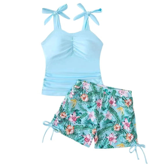 GXWEA Girls Swimsuits Size 10-12 Girls' Summer Swimwear Two Piece Boyshort Tankini Kids Swimsuit(Light Blue,9-10 Years)