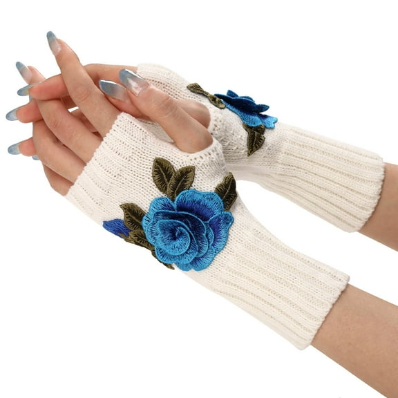 Prolriy Fingerless Gloves for Women Ladies Warm Knit Fingerless Gloves Convertible Mittens Fashion Flowers Gloves for Cold Weather Sky Blue One Size