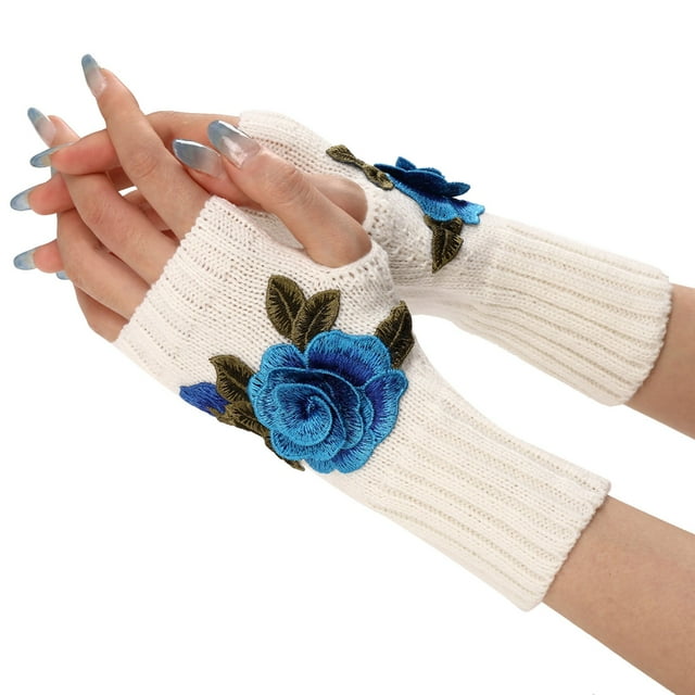 Gants Sans Doigts en Tricot Chaud pour Dames Mitaines Convertibles Mode Fleurs
