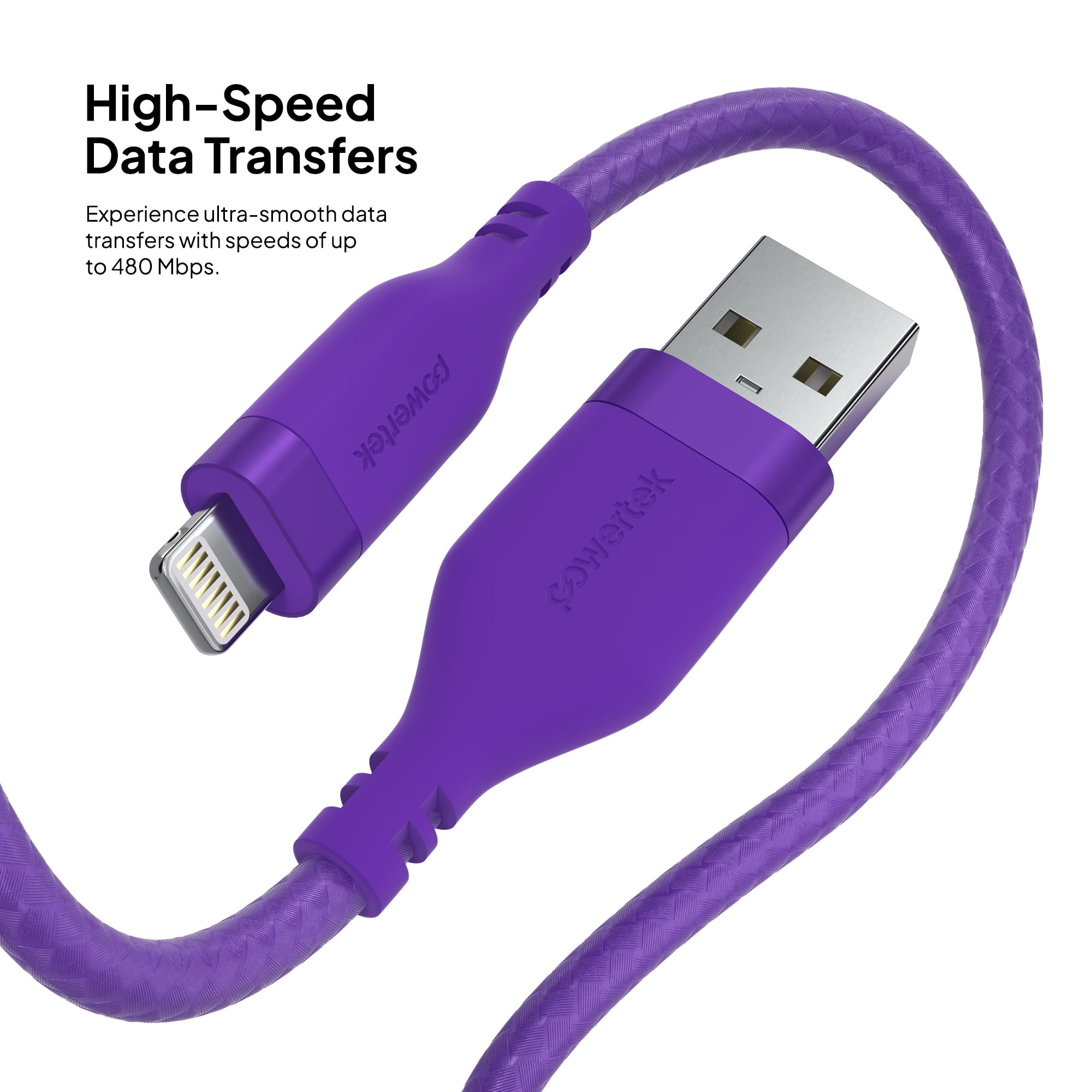 Powertek MFi Certified USB-A to Lightning Charging Cable, Carbon Design Texture, 6 ft, Purple