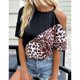 thumbnail image 4 of Top de manga corta para mujer, Top informal con estampado de leopardo y costuras con cuello redondo y hombros descubiertos a la moda, 4 of 6
