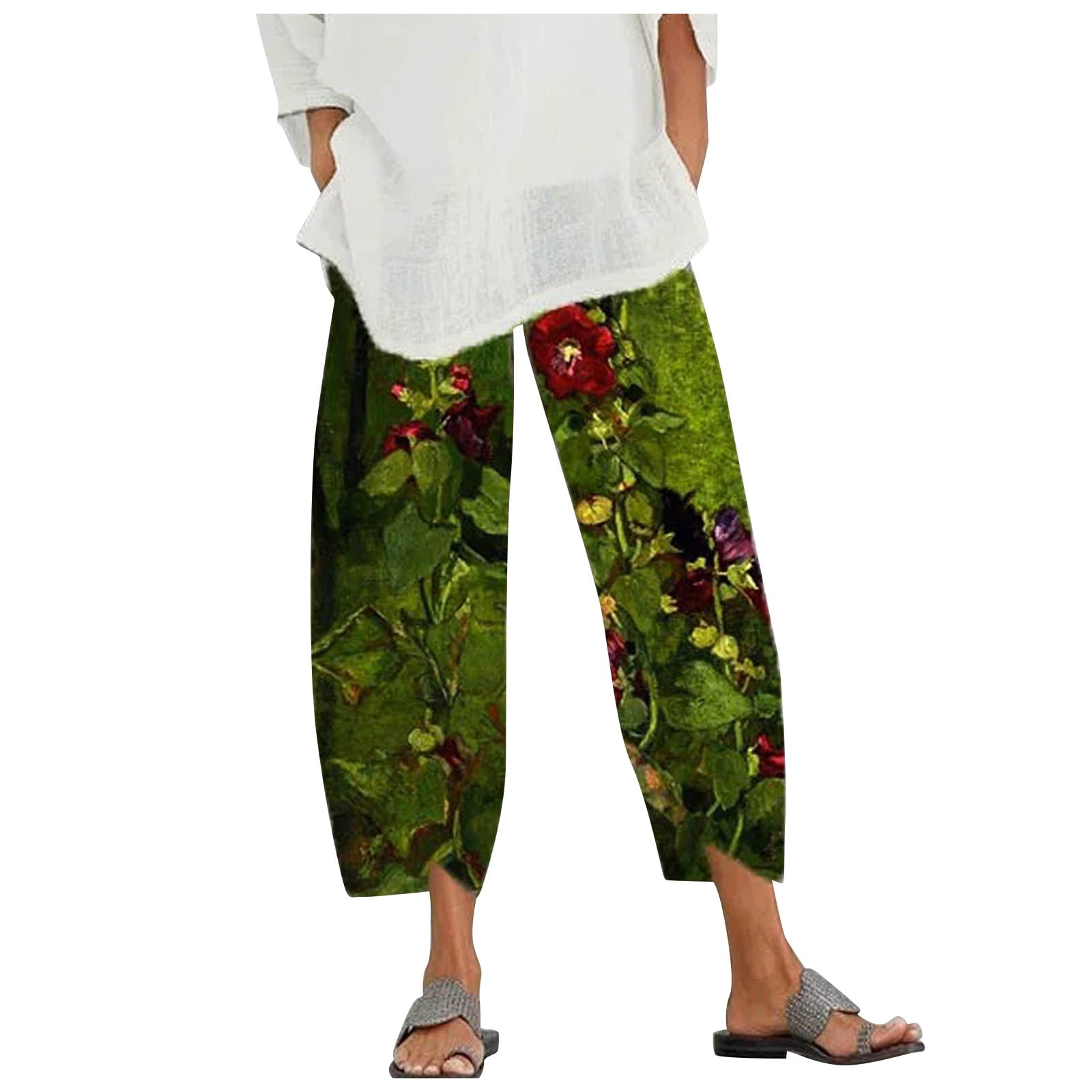 ZXHACSJ Women's Fashion Street personality scenic print thin seven-point  pants Green XL