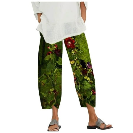 

Dadaria Wide Leg Linen Pants for Women High Waist Street personality scenic print thin seven point pants Green L Female