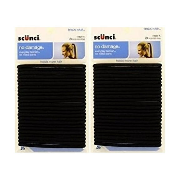 Scunci Thick Hair Black Elastics, All day strong hold No-Damage, 5mm thickness, 24-Pieces per pack (2-Pack)