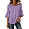 thumbnail image 4 of thefmos Women Summer Boho Linen Tops 3/4 Sleeve Round Neck Embroidery Casual Loose Pullover Blouses Solid Fall Fashion Tunic, Purple S, 4 of 9