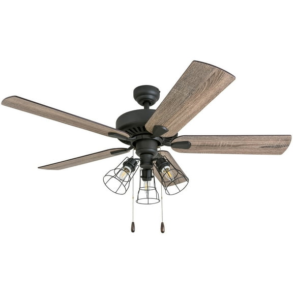 Prominence Home Inland Seas 52" Bronze Farmhouse Ceiling Fan with 5 Blades, 3 Arm Cage Light Kit, Pull Chains & Reverse Airflow