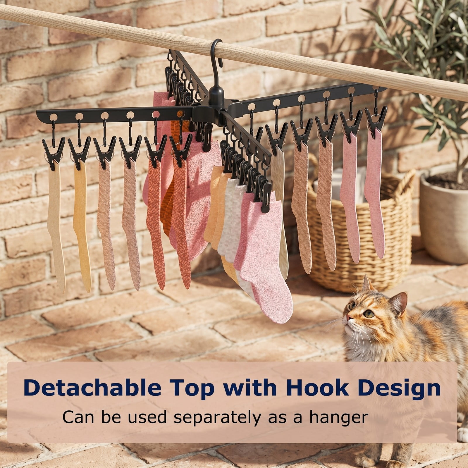 ALPULON 3-Tier Tripod Freestanding Folding Clothes Drying Rack with 24 Clips, 360 Rotating Arms, Detachable Top Hook, Windproof Buckles, Space-Saving Laundry, Black