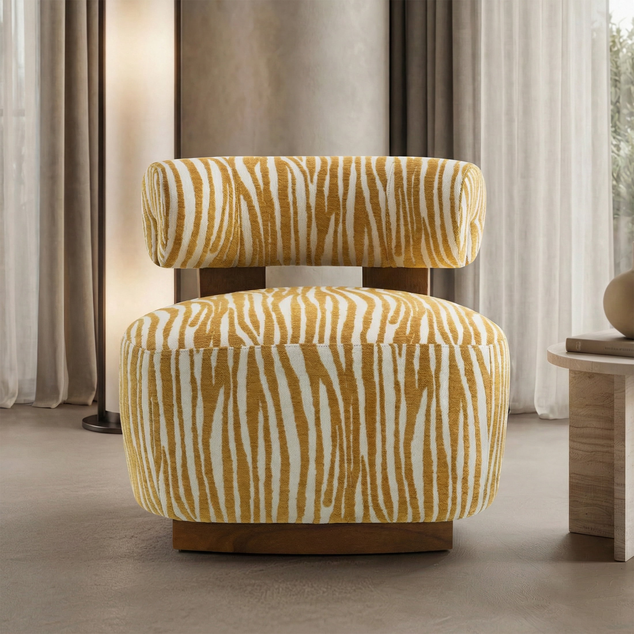 Aukfa Modern Chenille Accent Chair with Zebra-Stripe, Cylindrical Backrest for Living Room, Yellow