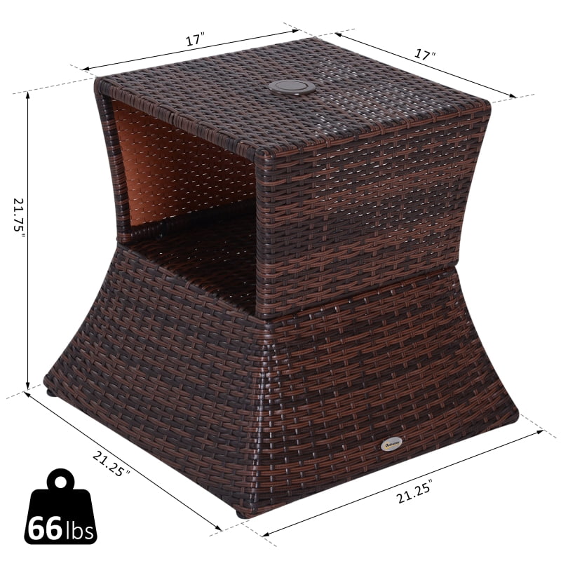 HOQBN Outdoor Side Table with Umbrella Hole, 2 Tier Rattan Wicker End Table with Storage Shelf, All Weather for Outdoor, Patio, Garden, Backyard, Mixed Brown