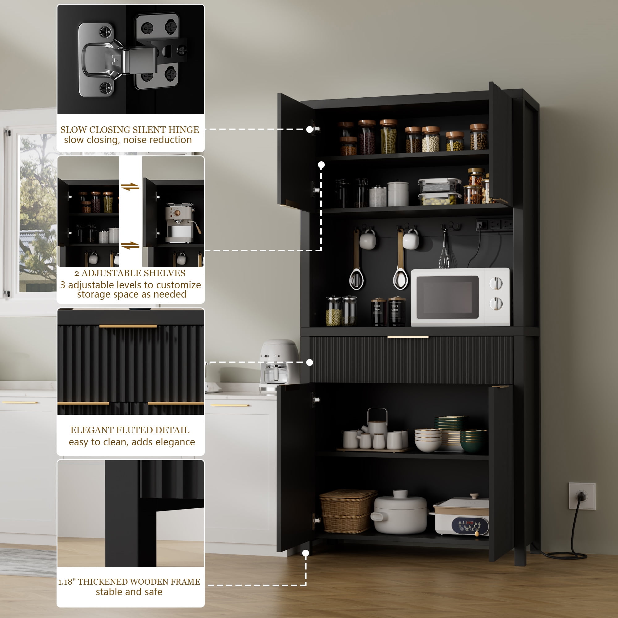 GIKPAL Kitchen Storage Cabinets with Drawer, Pantry Cabinet with Charging Station, Pantry Organizer with Adjustable Shelves, Hutch Cabinet with Storage for Dining Living Room , Black Set of 2