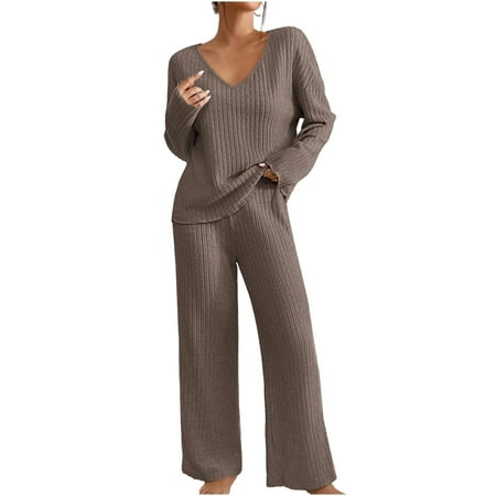 Tracksuits Women s 2 Piece Sets Knit Sweatshirts Sexy V-neck Long Sleeve Solid Color Sweatshirts and Loose Comfy Sweatpants Ladies Casual wear Outfits Sleepwear Nightwear