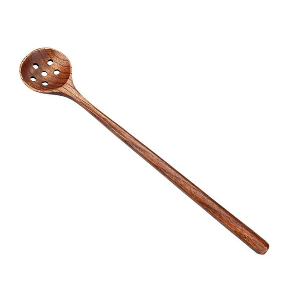1 PC Korean Style 10.9" Long Handle Wooden Round Slotted Spoons for Jam Olive