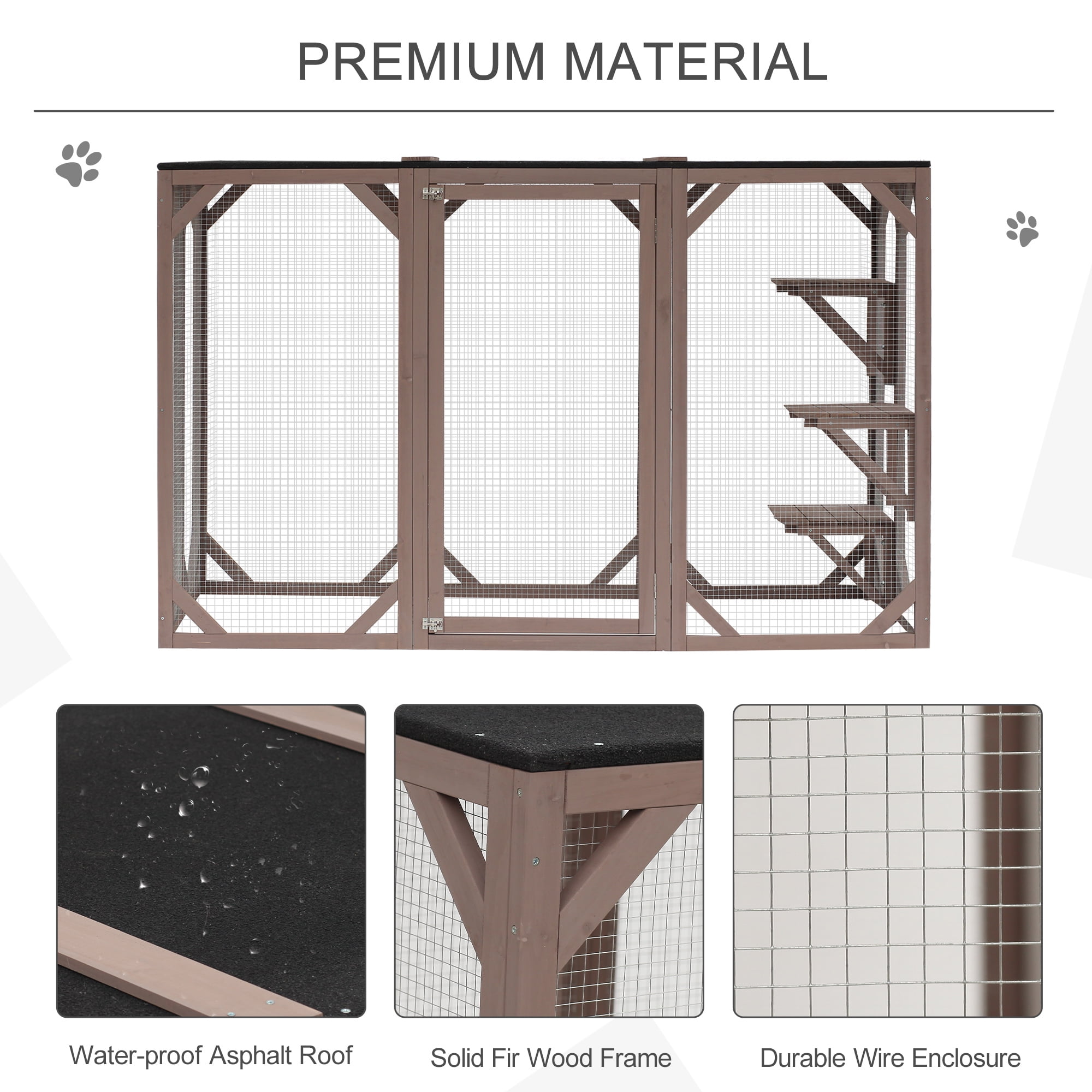 PawHut Wooden Outdoor Cat House Catio Kitten Enclosure Indoor Cage with Asphalt Roof, Multi-Level Platforms and Large Enter Door - 71"L, Brown