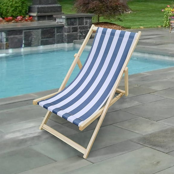 Populus Wood Sling Chair Blue Stripe Broad Blue Stripe （Color: Natural）