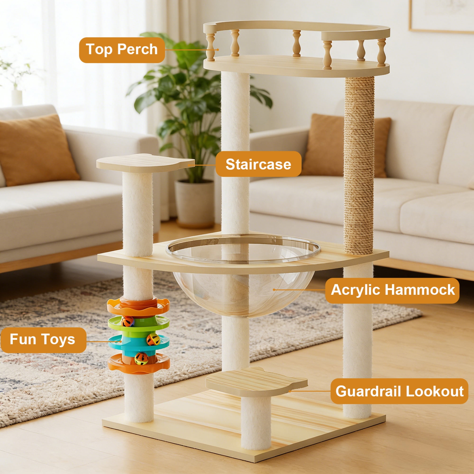 Leumius 32.2" Modern Cat Tower, Wood Cat Tree Tower for Indoor Cats, Cat Tree with Sisal-Covered Scratching Posts and Top Perch, Cat Condo with Acrylic Hammock and Toys for Small Large Cats