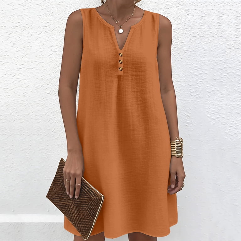 orange plus size denim dress Yuxingfu Denim Dresses for Women Plus Mini V-Neck Plus Size Womens Dress Sleeveless Flowy Casual Summer Orange Xxxl, Women's, Size: 3XL