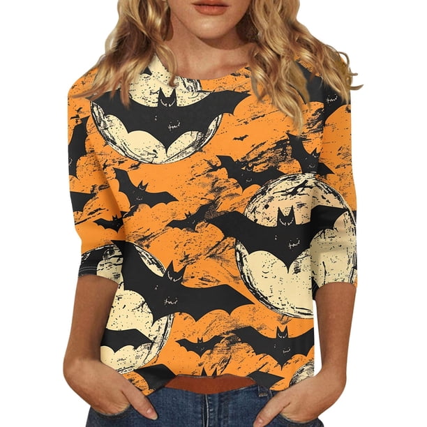Camiseta de manga 3/4 con temática de Halloween para mujer, estampado de telaraña y murciélago, camisa festiva informal