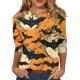 thumbnail image 1 of Camiseta de manga 3/4 con temática de Halloween para mujer, estampado de telaraña y murciélago, camisa festiva informal, 1 of 5