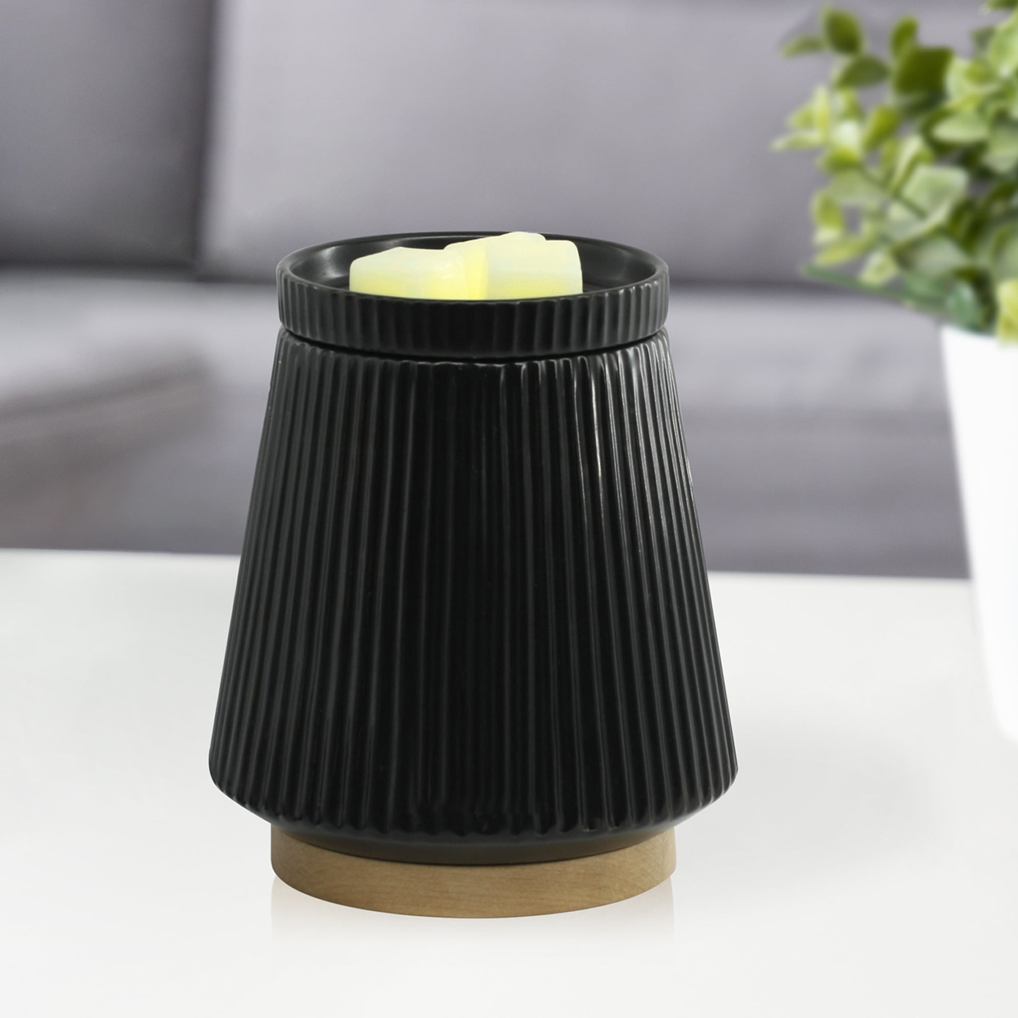 Better Homes & Gardens Electric Black Ribbed Ceramic Wax Warmer with Wood Base, Single Pack