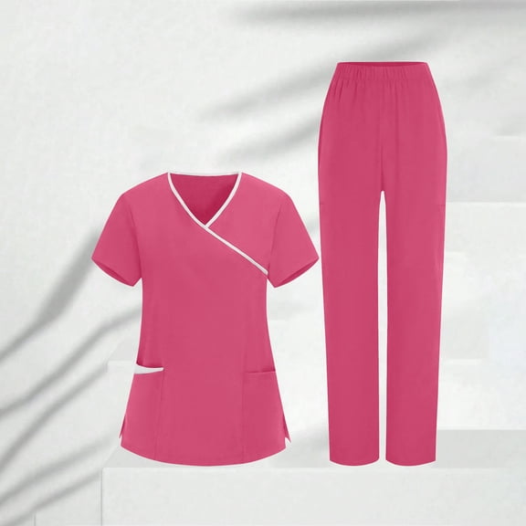 Gamivast Plus Size Women's Scrubs Set Elastic Waist Straight Pant Stretch Wrap V-Neck Scrubs Tops Breathable Nurse Scrubs 3 Pockets Contrast Trim Uniform Wear