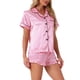 thumbnail image 4 of INSPIRAR CHIC Conjuntos de Pijamas de Satén para Mujeres, Conjuntos de Lounge de Seda, Camisa de Manga Corta con Botones, Pantalones Cortos con Volantes, Ropa de Dormir de 2 Piezas en Rosa a Rayas, 4 of 6