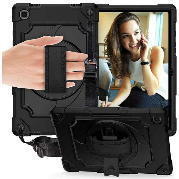 Epicgadget Case for Samsung Galaxy Tab A7 10.4 SM-T500/T503/T505/T507 (2020) - Protective Hybrid Shockproof 360 Rotating Stand Cover Case with Shoulder Straps (Black/Black)
