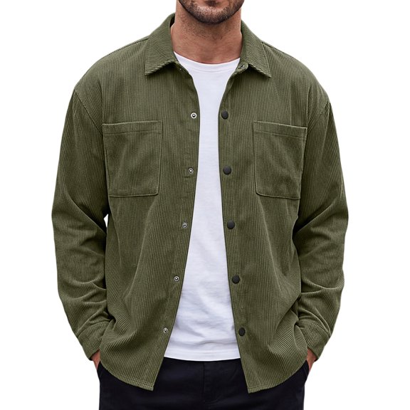 Vxararl Men Corduroy Shacket Jacket, Classic Long Sleeve Corduroy Shirt Overshirt, Lightweight Shirt Jacket with Dual Chest Pockets for Fall Everyday Outfits Army Green 2xL