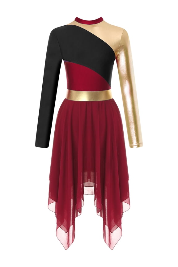 Church Liturgical Praise Dance Tunic for Women Long Sleeve Bell Metallic Block Lyrical Burgundy XXL
