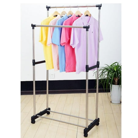 Ktaxon Double Heavy Duty Rail Portable Clothes Hanger Rolling Garment Rack