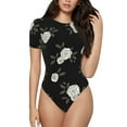thumbnail image 2 of Uemuo Rose Flowers Pattern Women's One Piece Short Sleeve Swimsuit Rash Guard Surfing Modest Quick-drying Swimsuit Beach Essentials-Small, 2 of 9