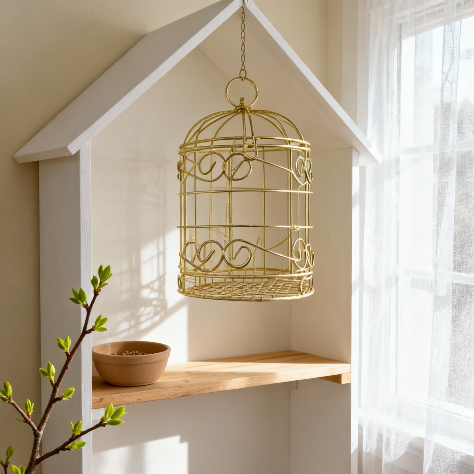 DEEPCRAFF Set of 2 Hanging Bird Feeders, Golden Wrought Iron Lightweight Cage for Wild Birds, Outdoor Garden Accessories