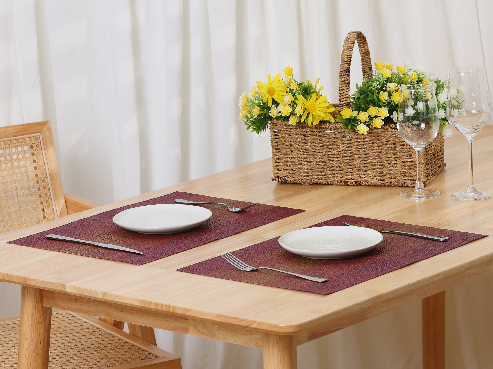 Unique Bargains Placemats Set of 6 Vinyl Place Mats for Dining Table Weave Table Mats 18" x 12" DarkRed