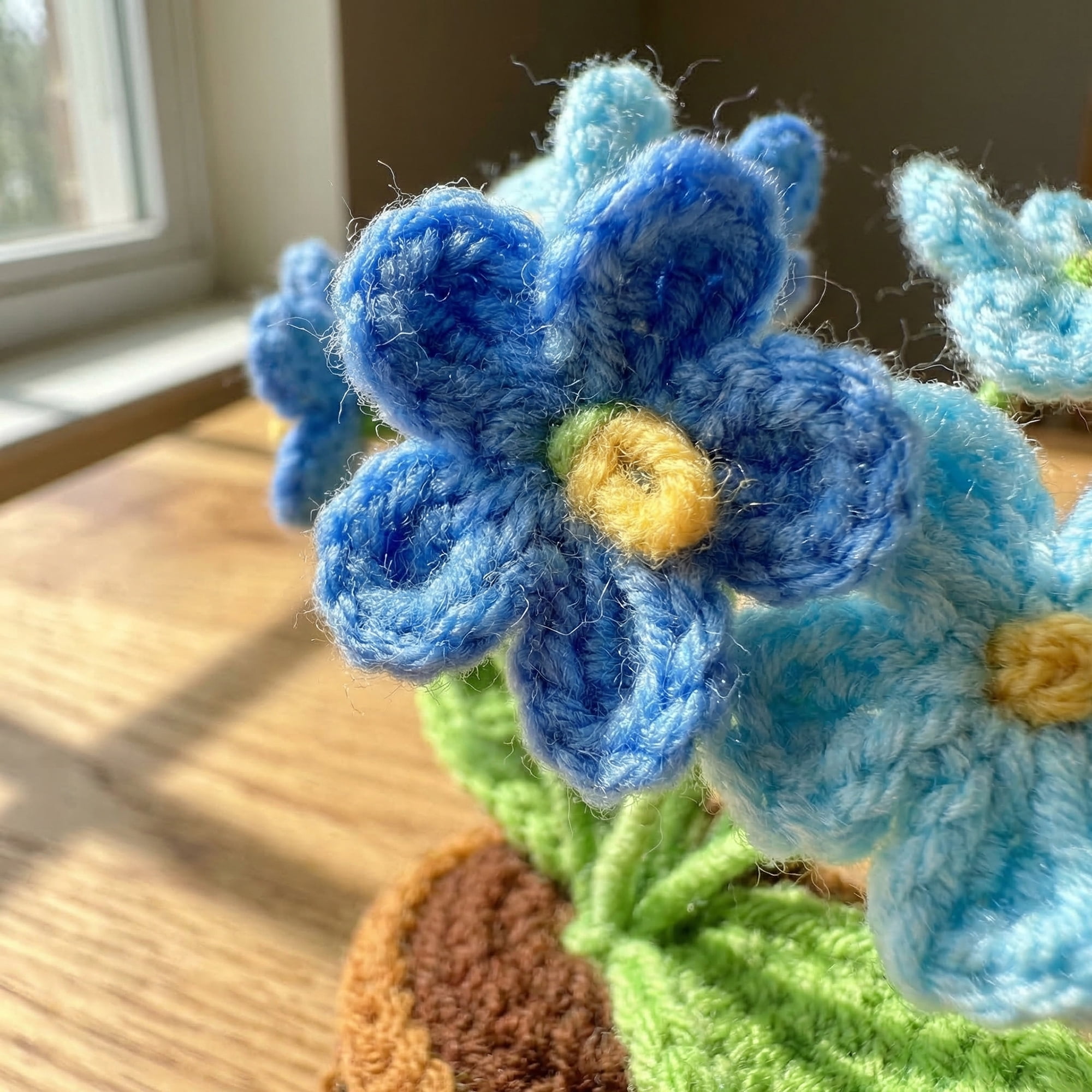 Unique Bargains Handmade Crochet Forget-Me-Not Knitted Plant Blue 4.3inch