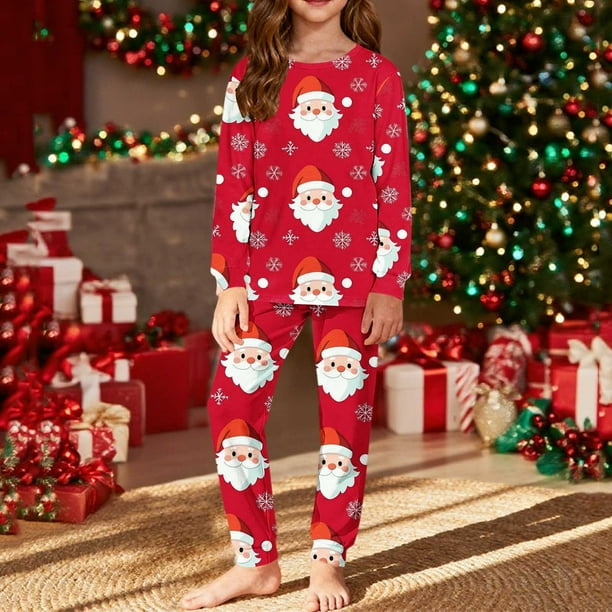 Conjuntos de blusas y camisas de cuello redondo y manga larga con estampado navideño para niños Camisa de manga larga con cuello redondo y cintura elástica Pantalones largos Conjunto de traje de casa