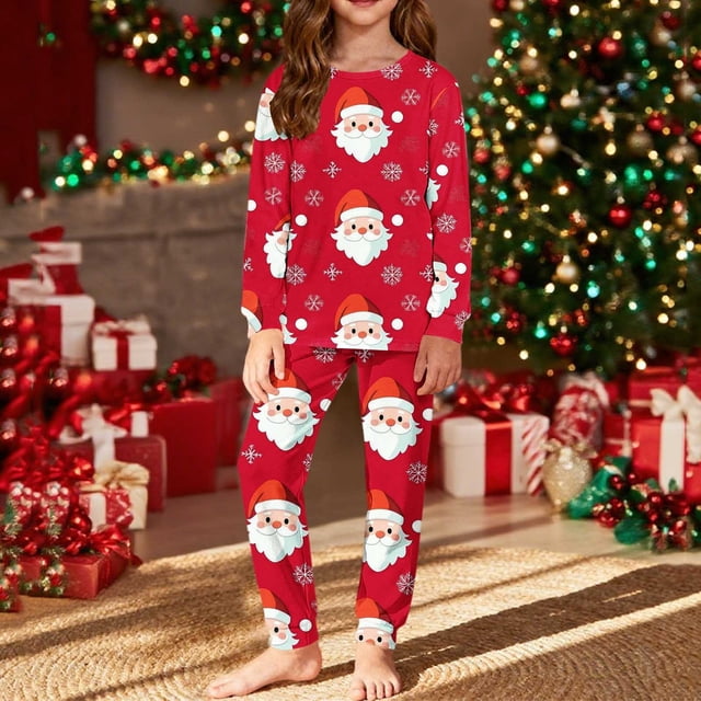 Conjuntos de blusas y camisas de cuello redondo y manga larga con estampado navideño para niños Camisa de manga larga con cuello redondo y cintura elástica Pantalones largos Conjunto de traje de casa