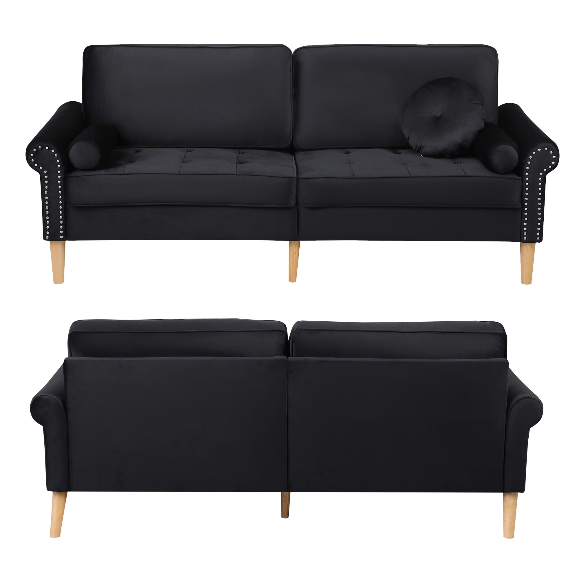 Aukfa 77.2" Sofa Couch, 3-Seater Sofa with Copper Nail and 3 Pillows, Velvet Loveseat for Living Room - Black