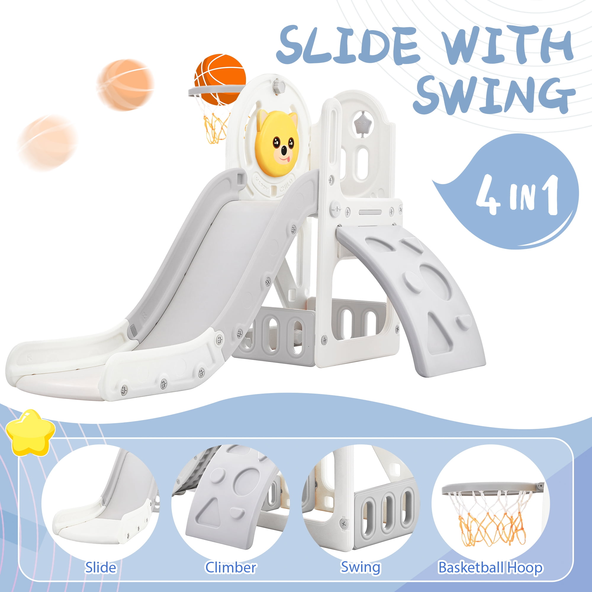 Toddler Climber and Slide Set 4 in 1, Kids Playground with Basketball Hoop, Kids Climber & Slide Playset, Gray