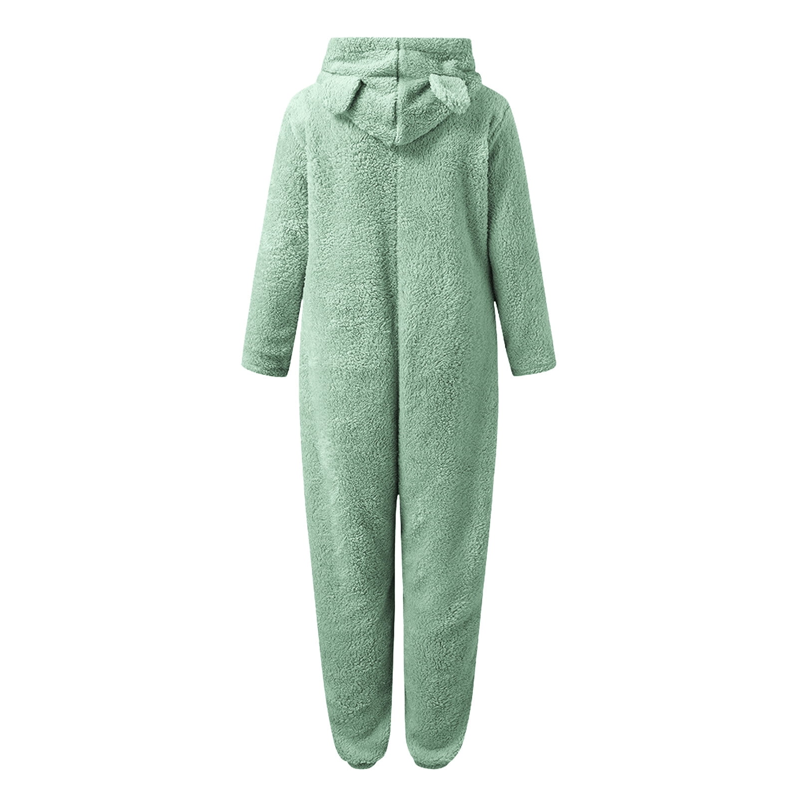 Lovskoo Womens Fluffy Hooded Jumpsuit Fuzzy Pajamas Long Sleeve Cute Ear One Piece Onesie Winter Warm Rompers Sleepwear Green
