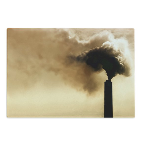 Industrial Cutting Board, Heavy Smoke of Industrial Chimney Pollution Contamination Environment, Decorative Tempered Glass Cutting and Serving Board, Large Size, Pale Brown Black, by Ambesonne