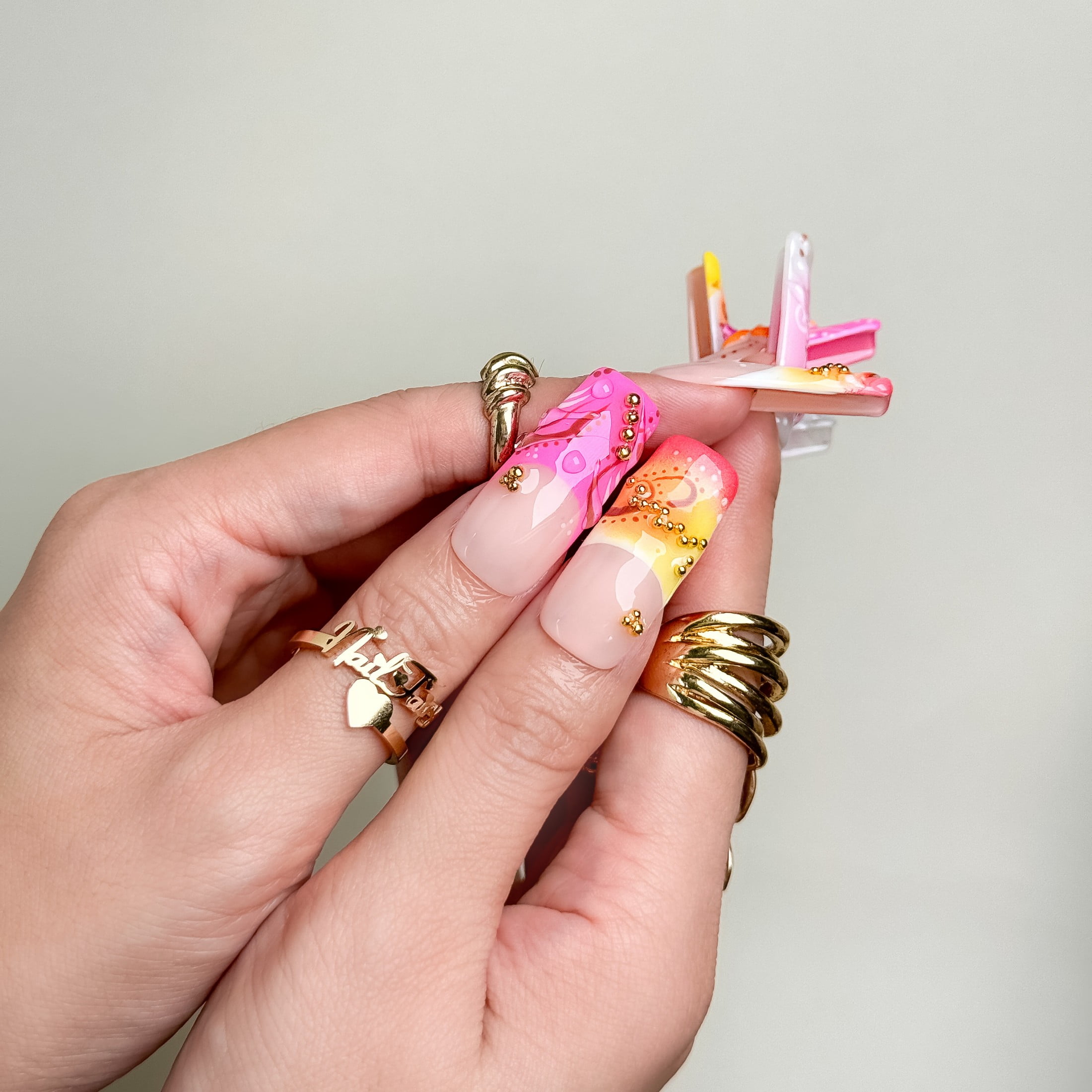 Nail Fairy Tropical Bloom Press-On Nails – Medium Square 3D Hibiscus & Gold Bead Boho Nail Set with Free Tool Kit
