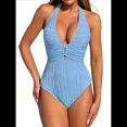 thumbnail image 3 of Traje de Baño de una Pieza para Mujer, Tirantes Anchos, Escote en V, Textura Plisada, Ribete Acanalado, Espalda Abierta Azul M, 3 of 8