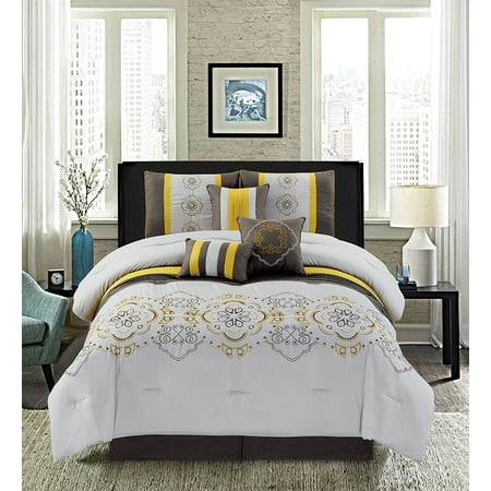(Vanessa) queen Embroidery Owl Flower Design Gold Gray Brown 7-Piece Comforter Set Bedding Bed Cover W/ Shams Pillows and Bed Skirt Set includes?1 Comforter?2 King or Queen Shams?1 Bed Skirt?3 Decorative Pillows Measurements(1): 90-by-90-inch Comforter (Queen)   20-by-26-inch Standard Shams  60-by-80-inch Bedskirt with 14  dropMeasurements(2): Two 18-by-18-inch Square Pillow  One 12-by-18-inch Breakfast PillowCare Instruction: Machine wash gentle cycle with cold water (sun dry or low tumble dry)