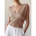 thumbnail image 4 of Gynyvoja Women'S V-Neck Wrap Front Ribbed Knit Short Sleeve Fitted Cropped Sweater Tos Brown M, 4 of 7