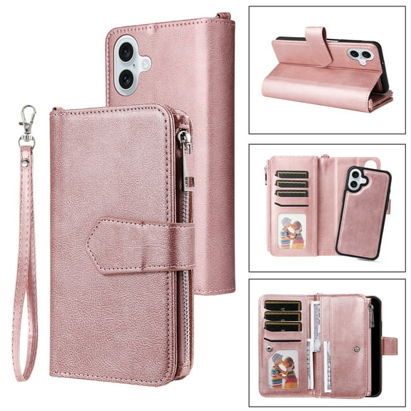 Dteck for iPhone 16 Wallet Case, 2 In 1 Detachable Protective Phone Case Women Men Kickstand flip Cover Wrist Strap Zipper Credit Card Holder Slots for iPhone 16,Rosegold
