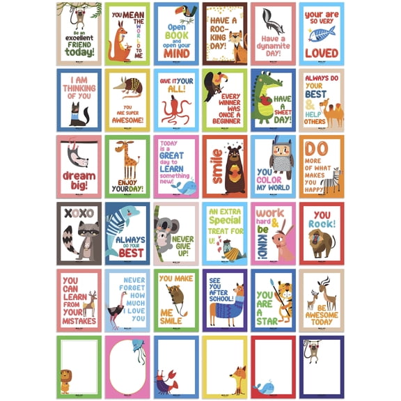 Inkdotpot36 CardsLunchBoxNotes For Kids,DailyInspirational Lines Happy Thoughts For Children, Students,Positive Affirmations Encouragement, FunLunchNotes(Animal Theme)