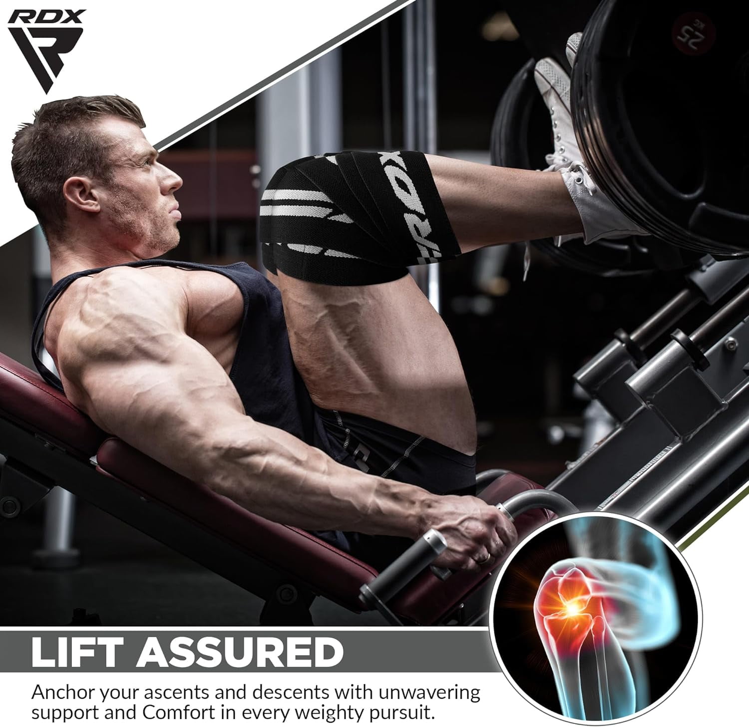 RDX Knee Wraps Weightlifting, 78" Elasticated Straps for Gym Workout Fitness Squats Powerlifting Leg Press