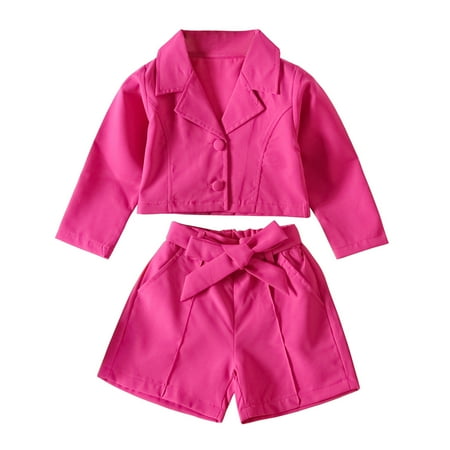 

Outfit Set Toddler Kids Baby Girls Long Sleeve Turn Down Collar Solid Coat Jacket Shirt Tops Bow Shorts 2PCS Outfits Clothes Set First Baby Girl Gift