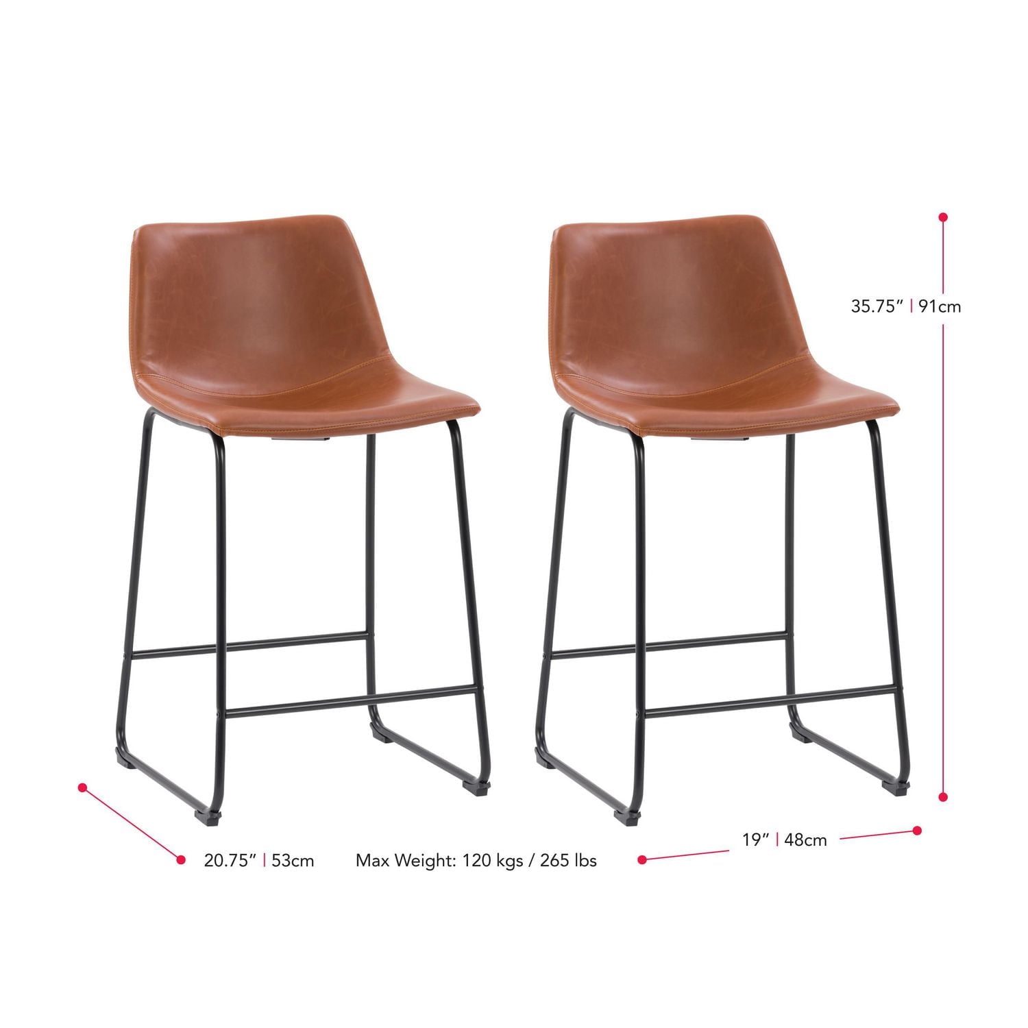 CorLiving Palmer Set of 2 Modern Mid Back Faux Leather Upholstered Counter Height Indoor Barstools